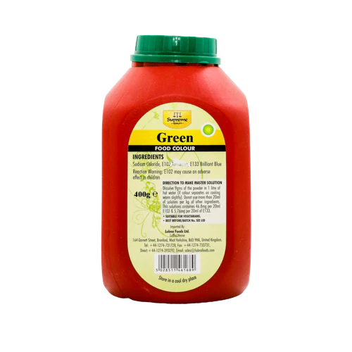 Supreme Food Colouring Powder 400g in red, orange, green, and yellow, edible baking dye for vibrant cake decorating and baking.