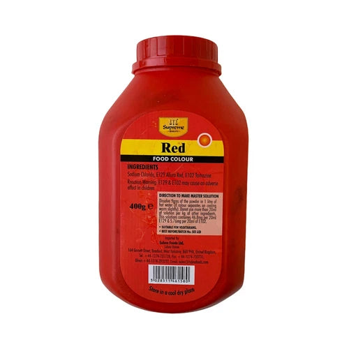 Supreme Food Colouring Powder 400g in red, orange, green, and yellow, edible baking dye for vibrant cake decorating and baking.