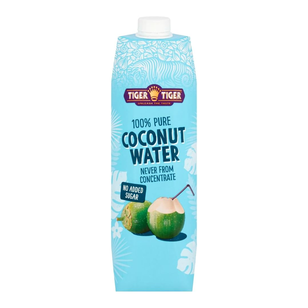 Tiger Tiger 100% pure coconut water in a 1L bottle, showcasing the clear, refreshing liquid inside.
