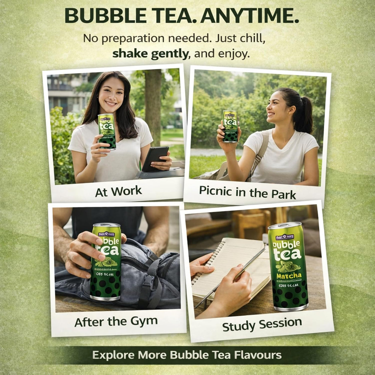 Tiger Tiger TT Bubble Tea with Nata de Coco, brown sugar and matcha in a 320ml bottle, multipack beverage.