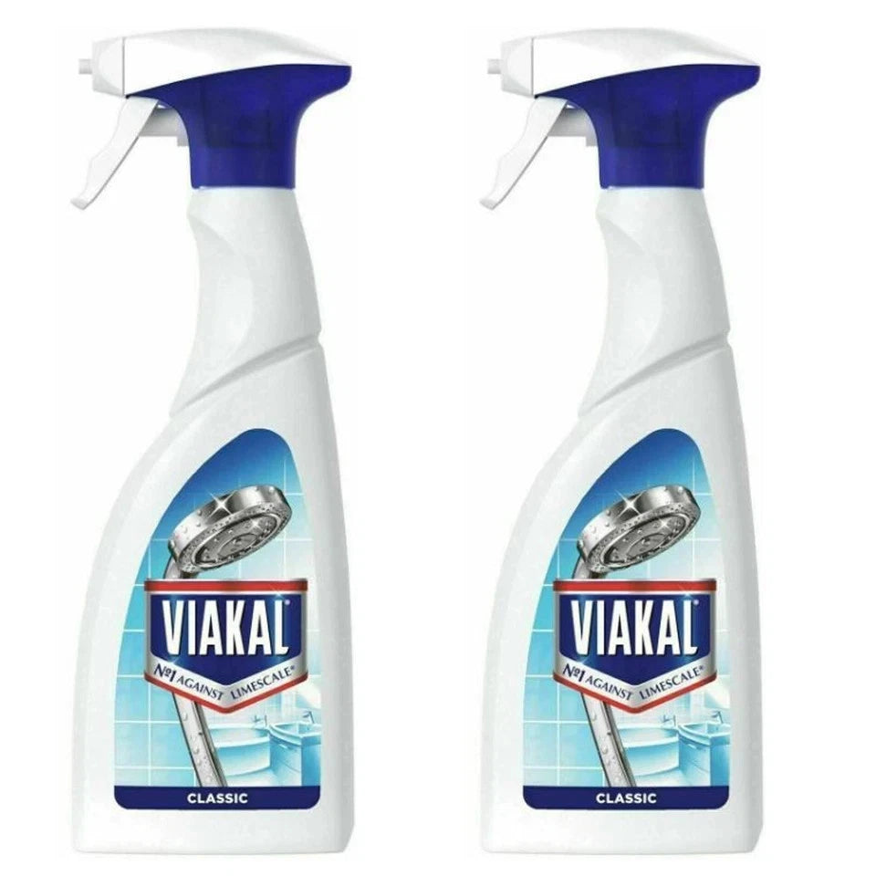 Viakal Limescale Remover Spray 500ml bottle with nozzle, designed to remove limescale, soap scum, and water marks, with Febreze fresh scent
