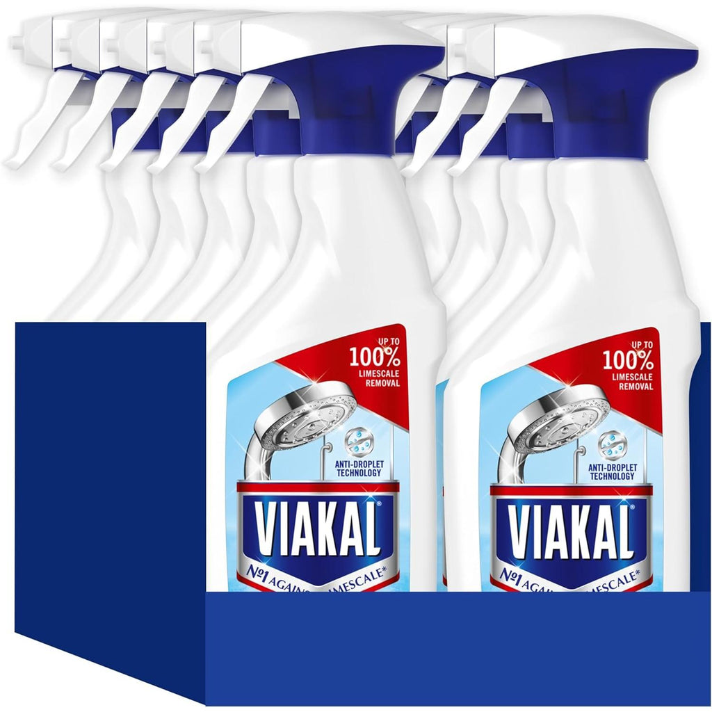 Viakal Limescale Remover Spray 500ml bottle with label, designed to remove limescale, soap scum, and water marks.
