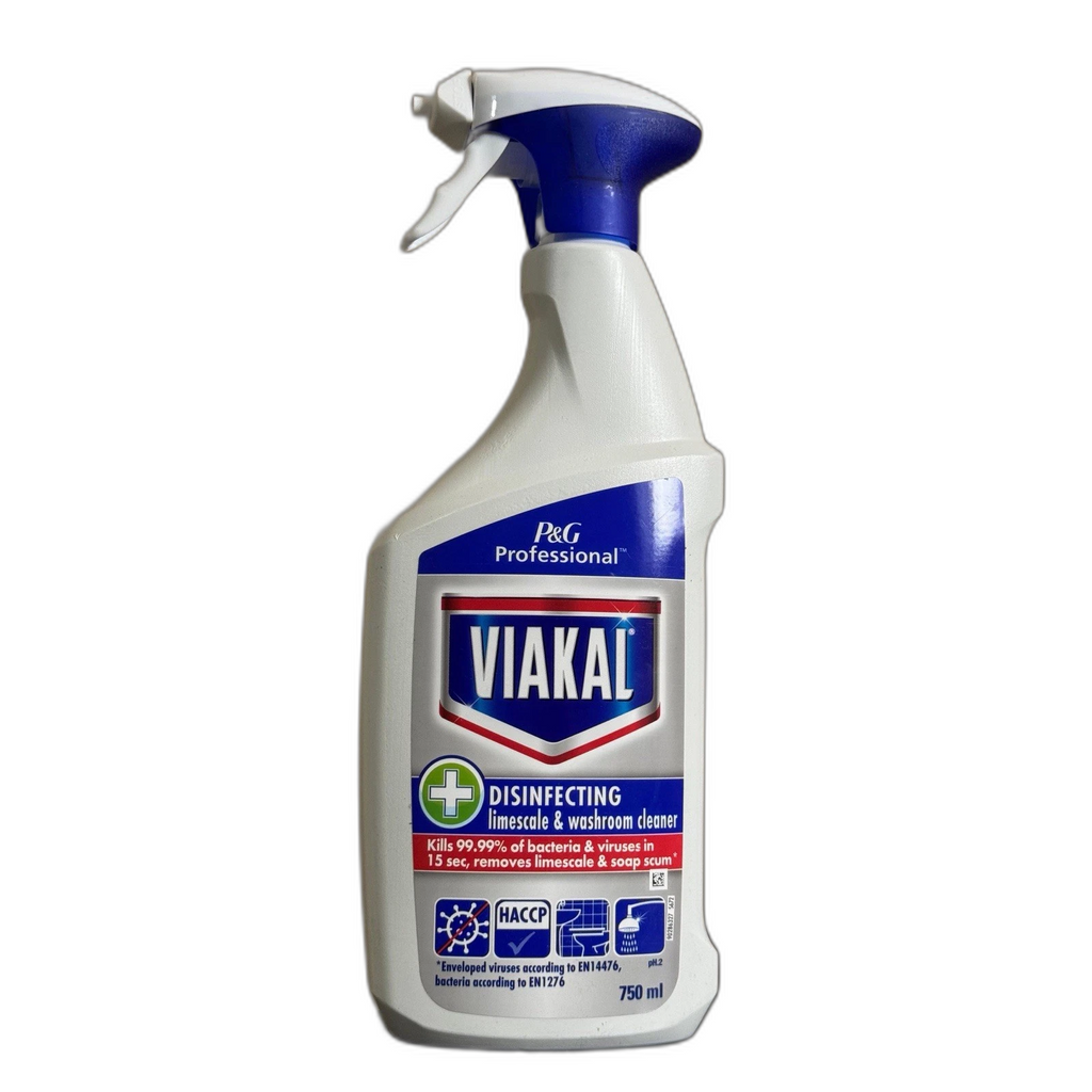 Viakal Professional Limescale Remover Spray 750ml with disinfecting action, kills 99.99% bacteria and viruses, for effective limescale removal.