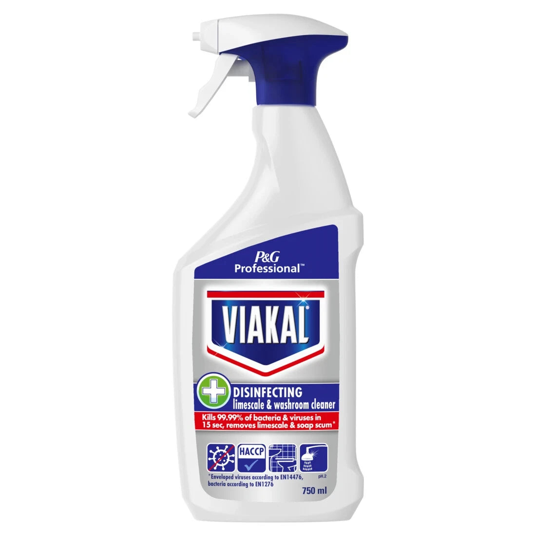 Viakal Professional Limescale Remover Spray 750ml, disinfects and kills 99.99% of bacteria and viruses on surfaces.