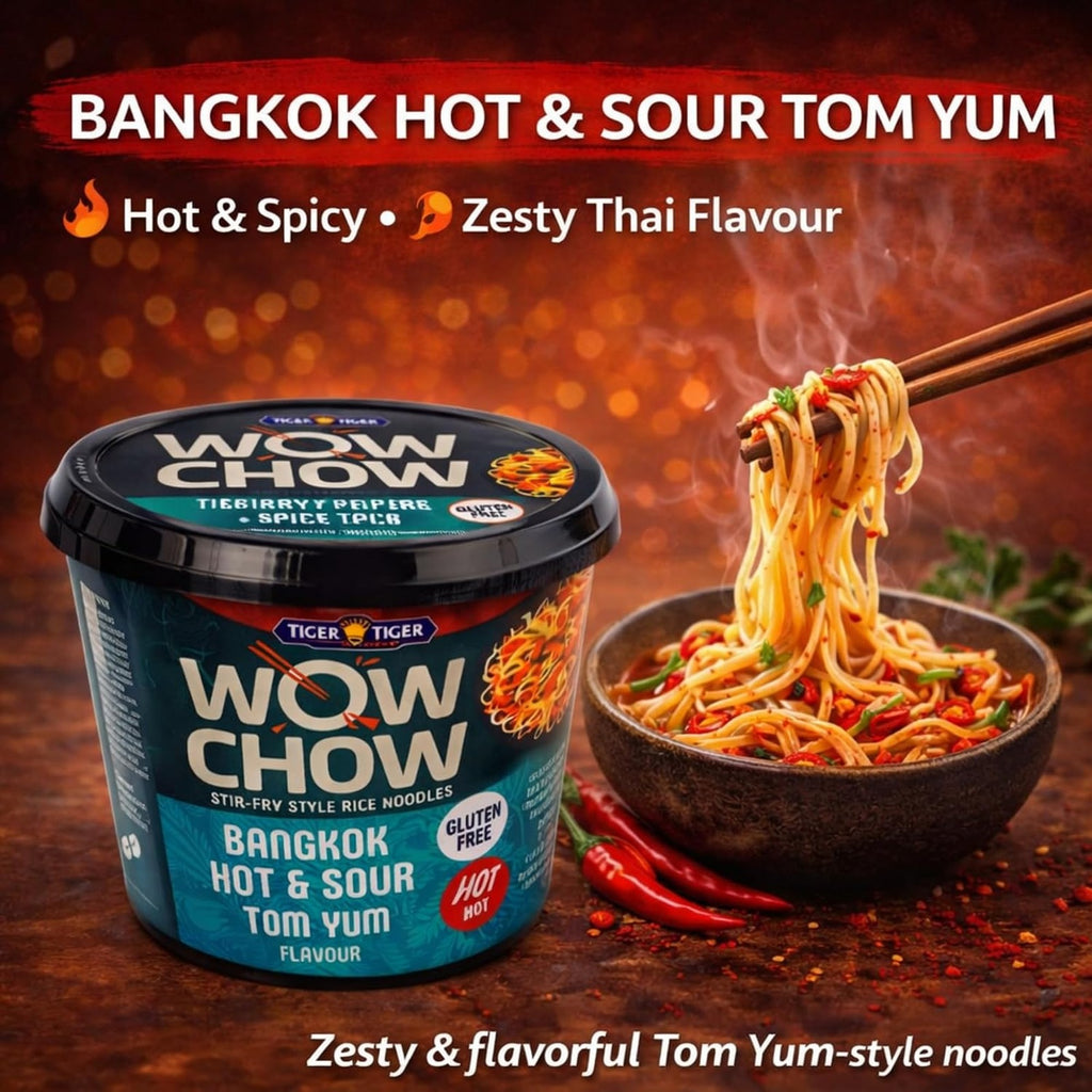 Six packs of Tiger Tiger WOW CHOW stir-fry style instant rice noodles, 76g each, with colorful noodles and packaging.