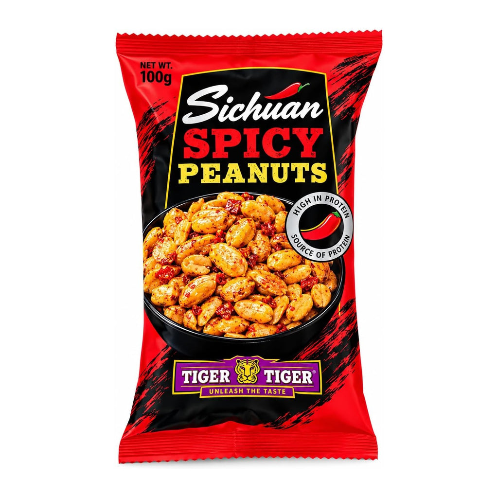 Tiger Tiger Sichuan spicy peanuts in a 100g pack, showcasing crunchy peanuts coated with bold, spicy Sichuan seasoning.