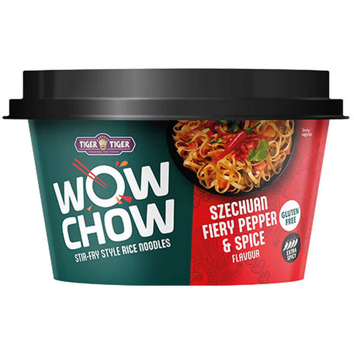 Six packs of Tiger Tiger WOW CHOW stir-fry style rice noodles in 76g packages, ready for quick Asian-inspired meals.