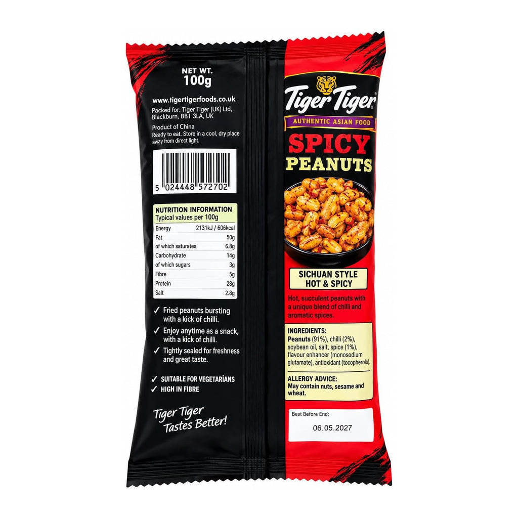 Tiger Tiger Sichuan spicy peanuts in a 100g pack, showcasing crunchy, seasoned peanuts with a fiery Sichuan flavor.