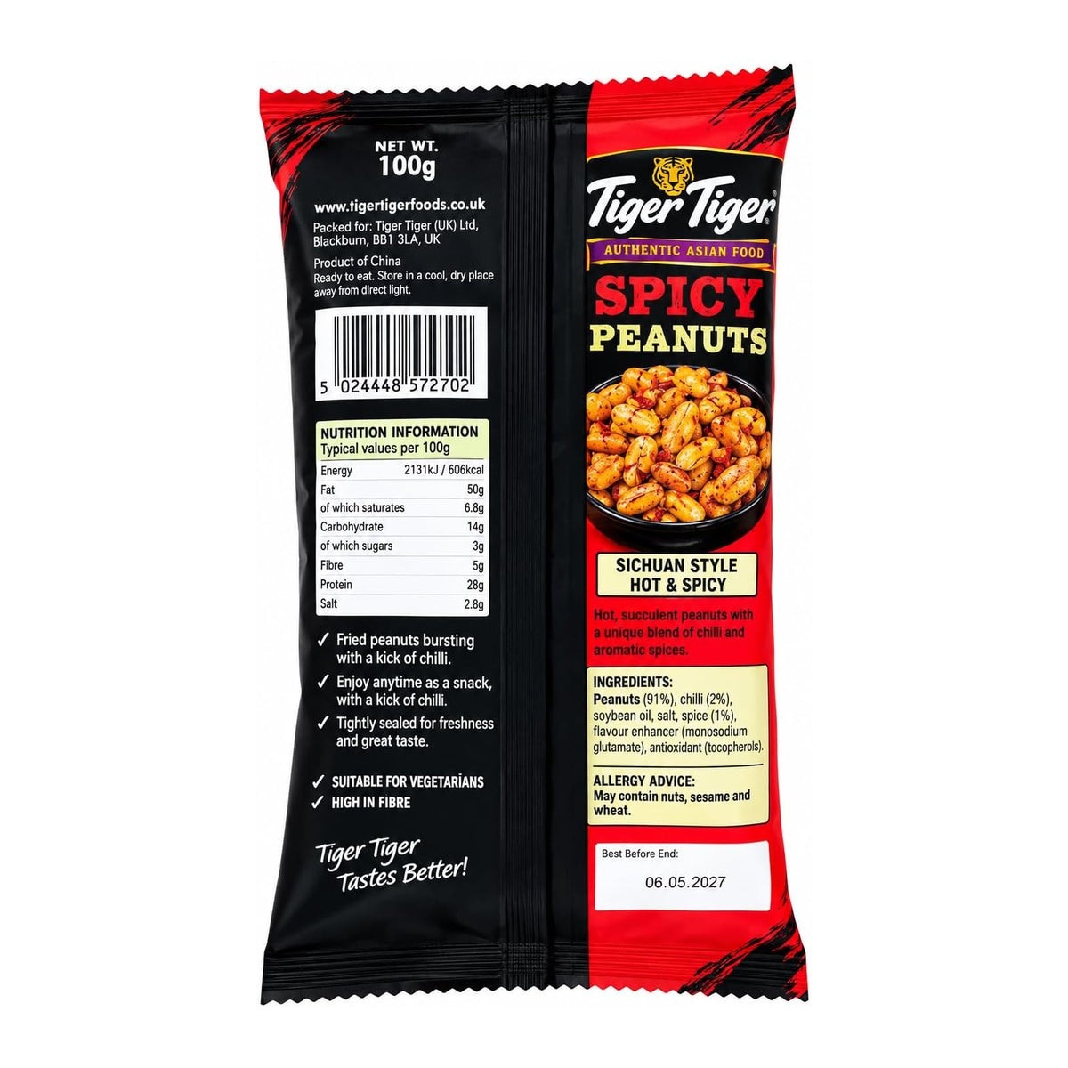 Tiger Tiger Sichuan spicy peanuts in a 100g pack, showcasing crunchy, seasoned peanuts with a fiery Sichuan flavor.
