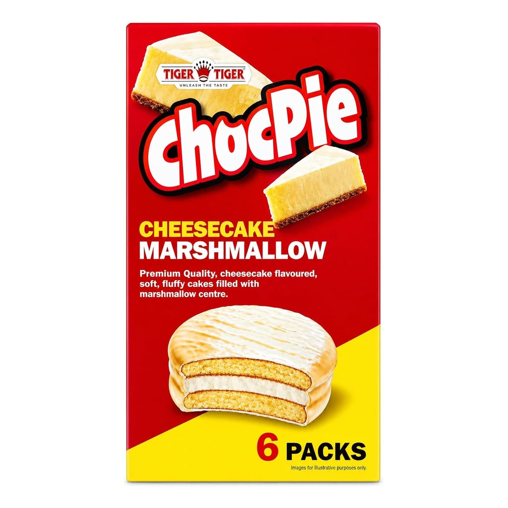 Tiger Tiger ChocPie marshmallow snack cakes in original, mango, and cheesecake flavors, shown in a colorful multipack.