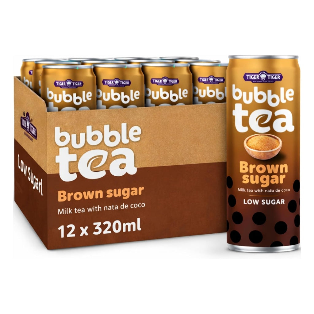 Tiger Tiger TT Bubble Tea with Nata de Coco in 320ml bottles, featuring brown sugar and matcha flavors, in a multipack.